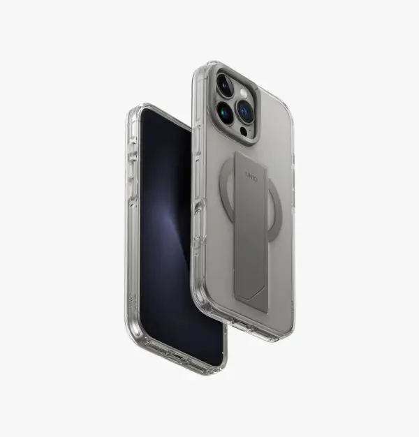 UNIQ HELDRO MAX PROTECTIVE CASE WITH FLEXGRIP BAND AND ADJUSTABLE KICKSTAND FOR 2024 IPHONE 16 PRO MAX | CLEAR
